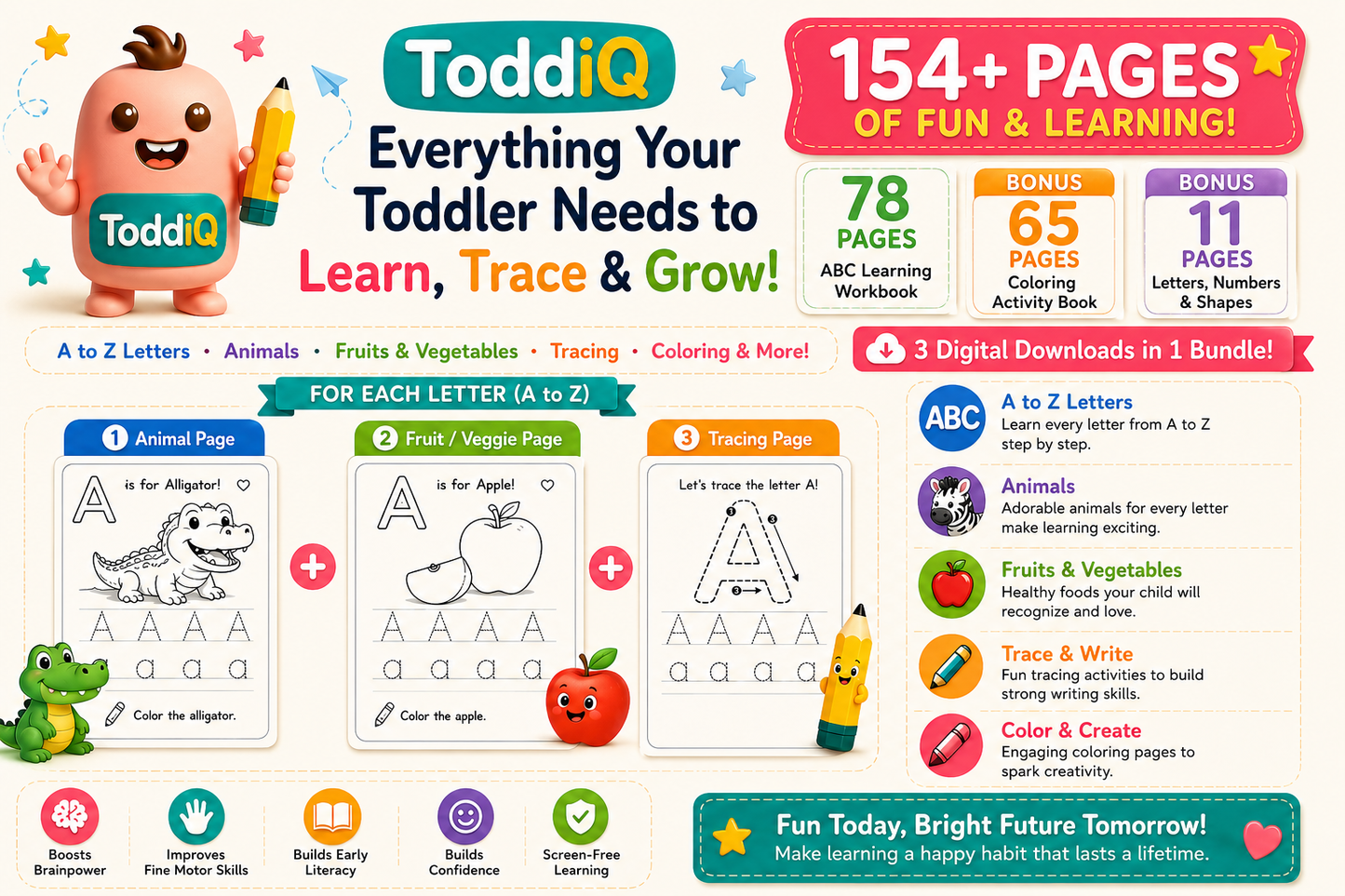 ToddiQ 154 Page Toddler Learning Bundle with BONUS Coloring Printable - Premium Edition