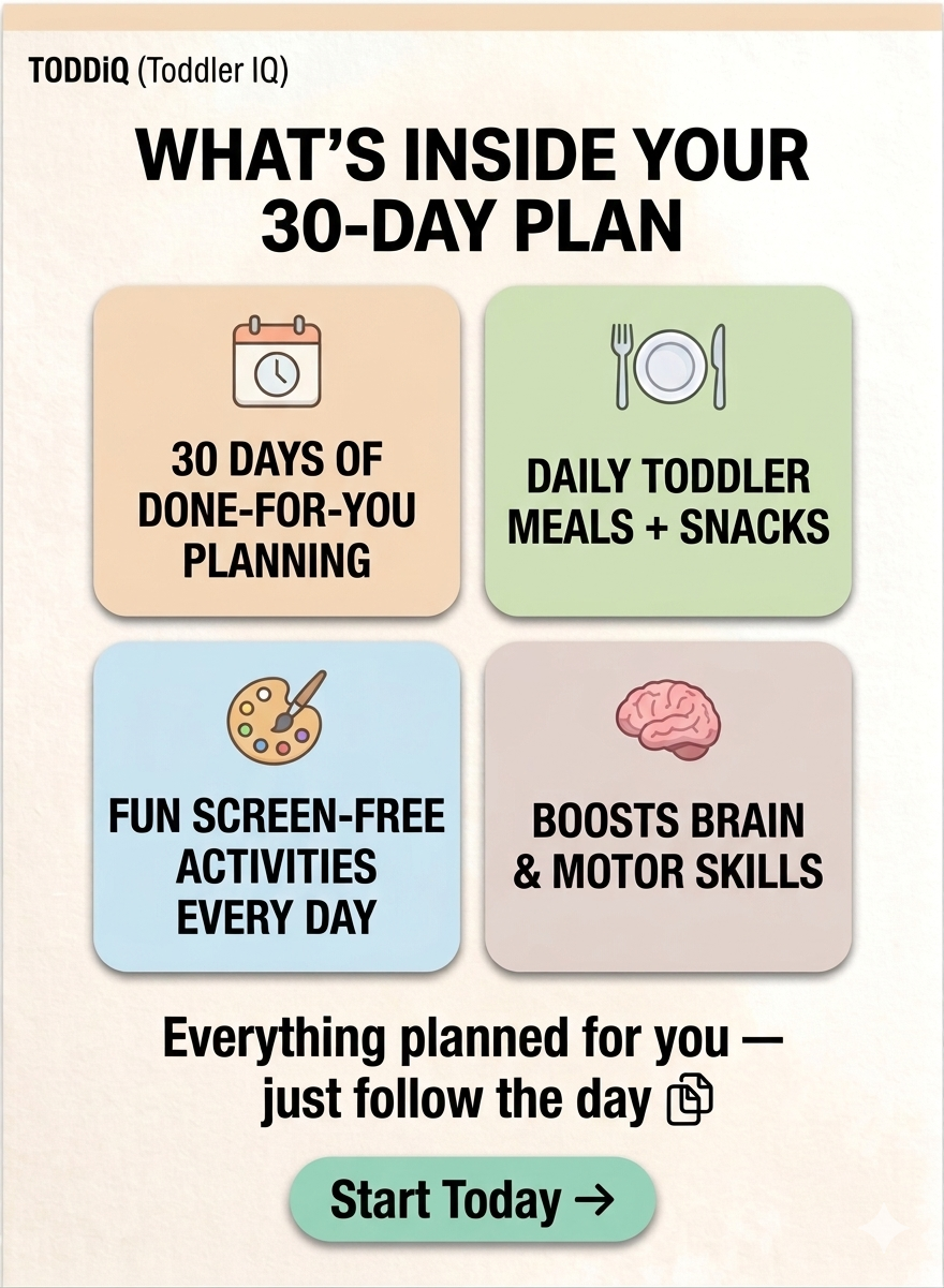 “What’s included in a 30-day toddler meal plan with daily meals, snacks, and screen-free activities designed to support brain development and help busy moms with easy daily planning.”
