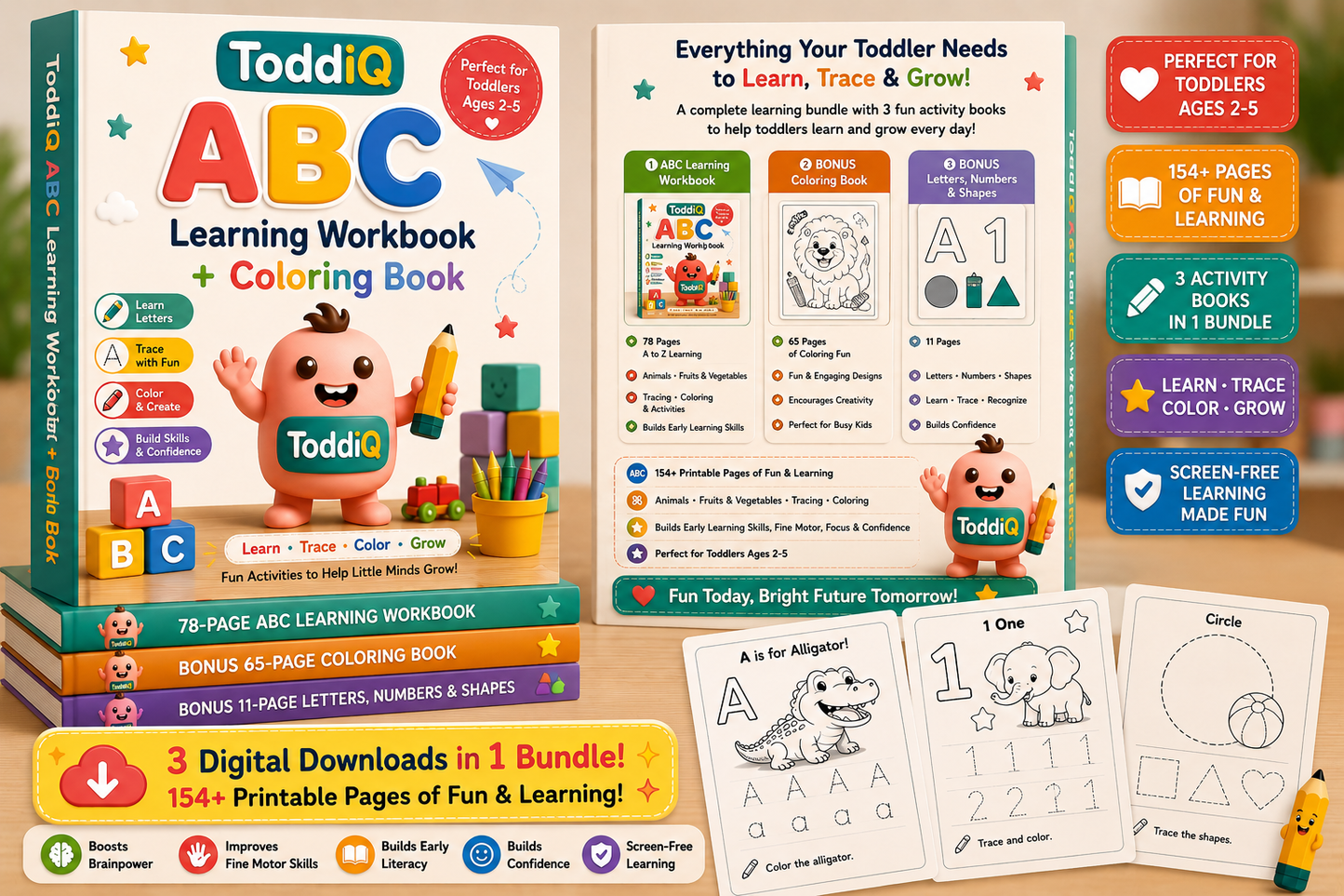 ToddiQ 154 Page Toddler Learning Bundle with BONUS Coloring Printable - Premium Edition