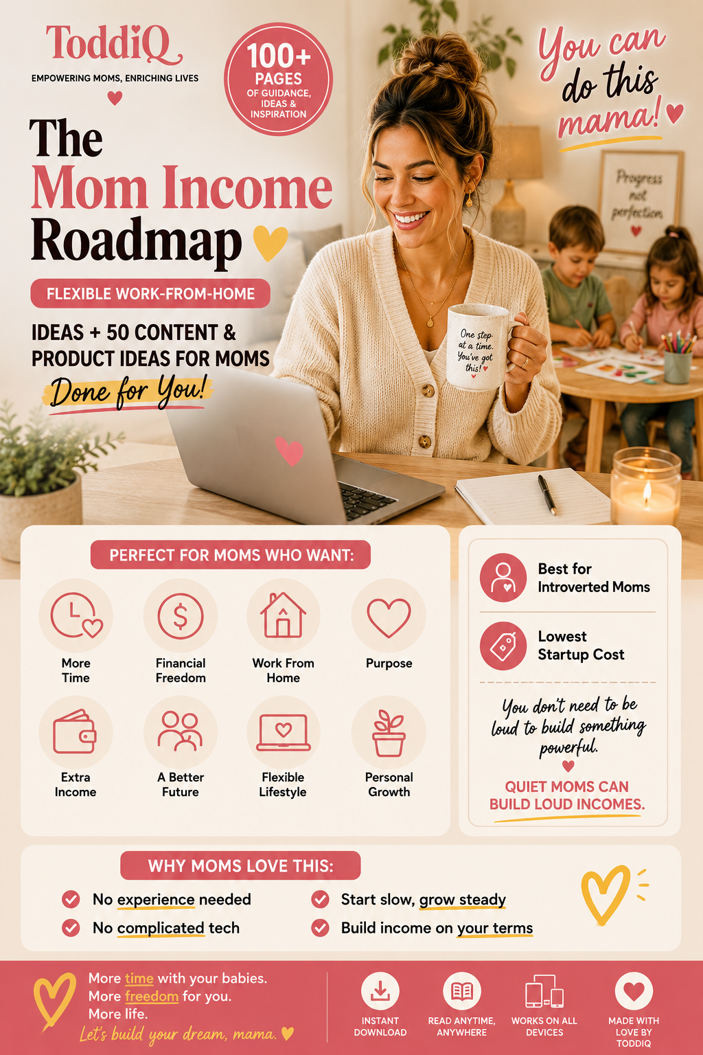 Stay-at-home mom working on laptop while toddlers play and learn at home with ToddiQ income roadmap