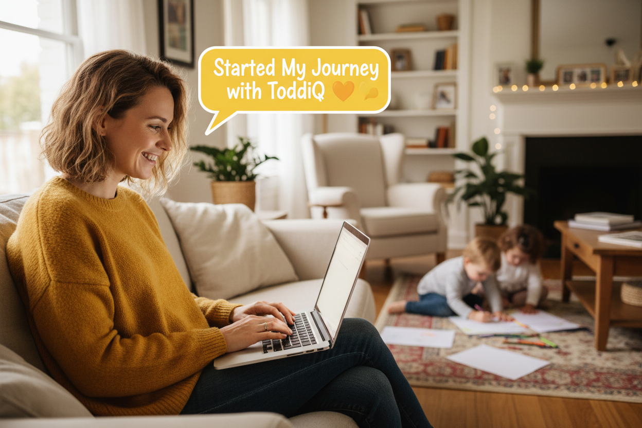 Stay-at-home mom working on laptop while kids play in the living room starting her income journey with ToddiQ