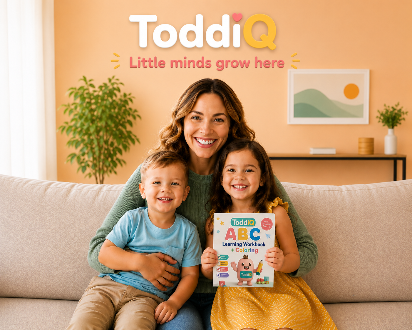 ToddiQ toddler learning banner with happy mom and kids holding ABC workbook for early learning and fun toddler activities