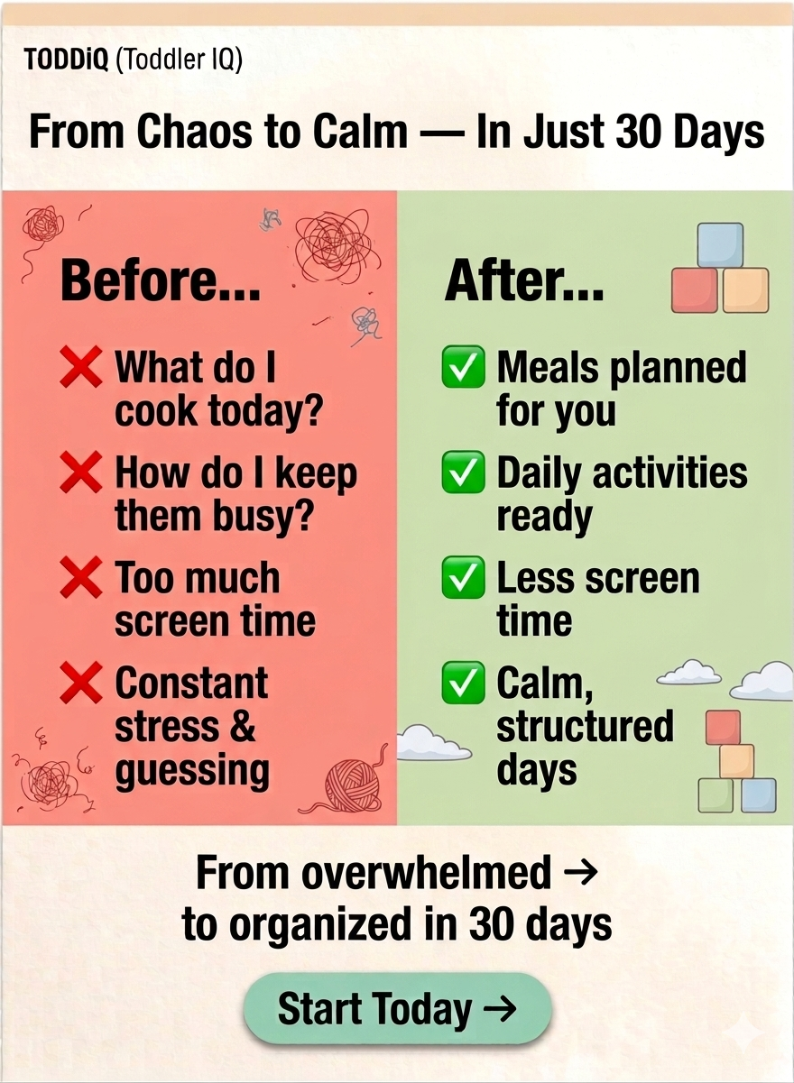 “Before and after using a 30-day toddler meal plan showing reduced screen time, planned meals, daily activities, and a calm, organized routine for busy moms.”
